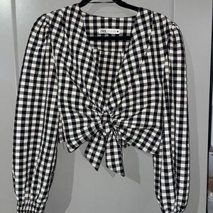ZARA CHECKERED BLACK & WHITE GATHERED BLOUSE